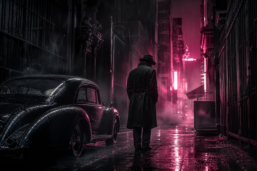 Mysterious Noir City Street With Rain And Dramatic Lighting Movie Wallpaper  4 4K
