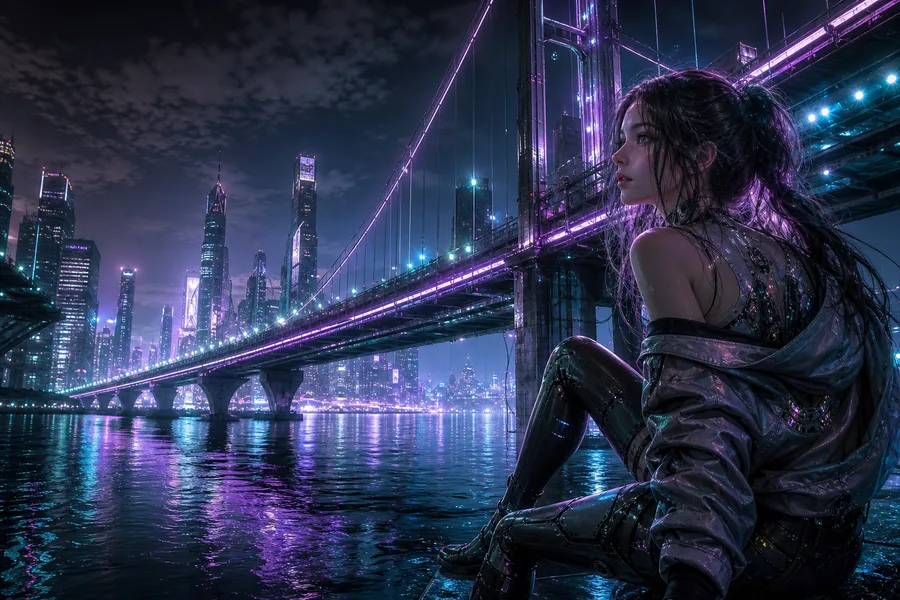 Neon Bridge Over Futuristic River Ai-Girls Wallpaper  11 4K