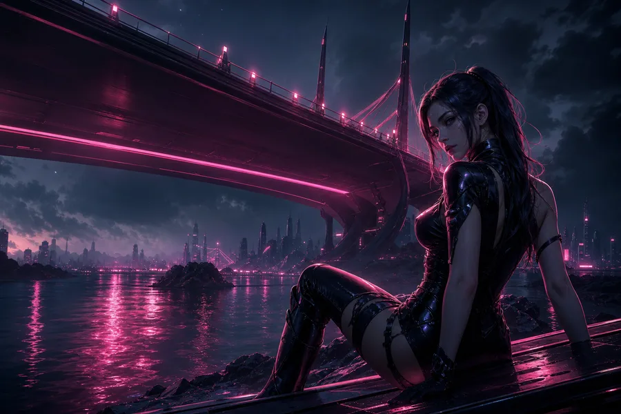 Neon Bridge Over Futuristic River Ai-Girls Wallpaper  11 4K