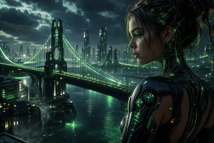 Neon Bridge Over Futuristic River Ai-Girls Wallpaper  11 4K