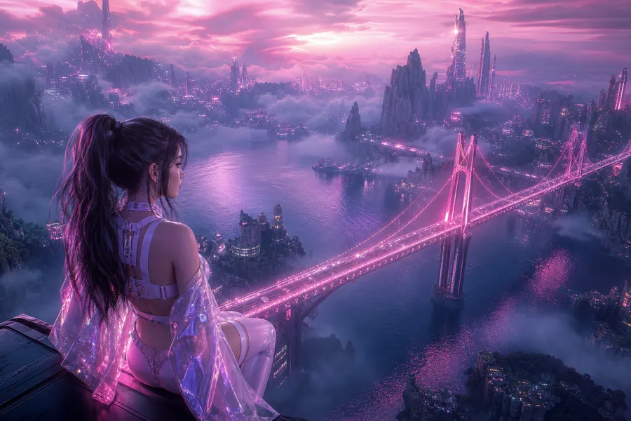 Neon Bridge Over Futuristic River Ai-Girls Wallpaper  11 4K