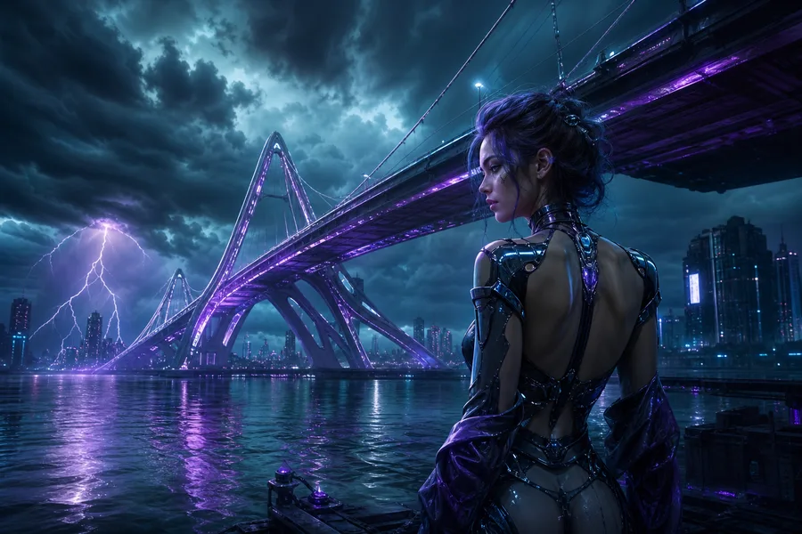 Neon Bridge Over Futuristic River Ai-Girls Wallpaper  11 4K