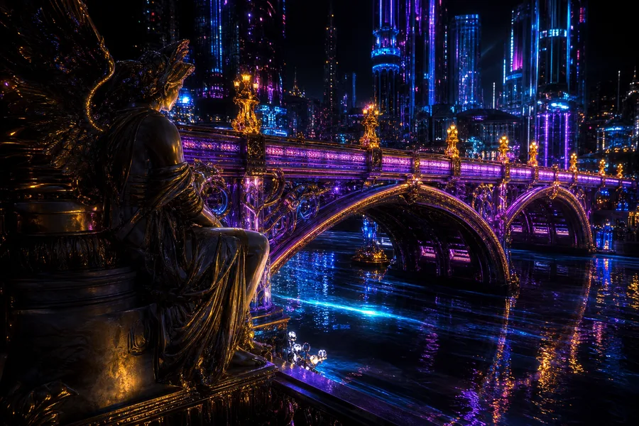 Neon Bridge Over Futuristic River Art Wallpaper  11 4K
