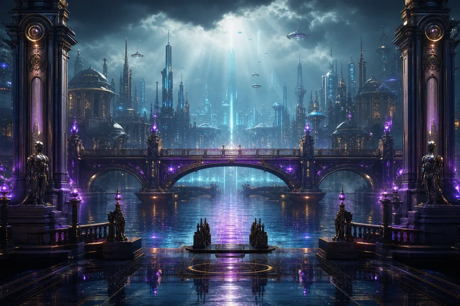 Neon Bridge Over Futuristic River Art Wallpaper  11 4K