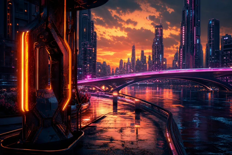 Neon Bridge Over Futuristic River Cyberpunk Wallpaper  11 4K