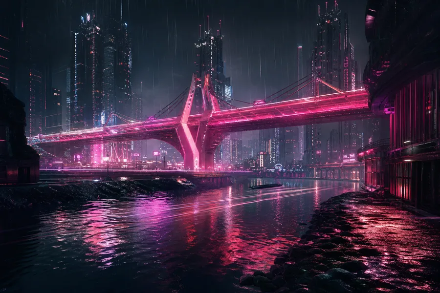 Neon Bridge Over Futuristic River Cyberpunk Wallpaper  11 4K