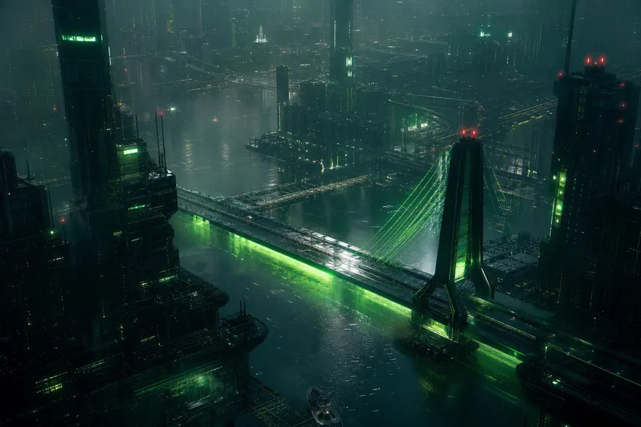 Neon Bridge Over Futuristic River Cyberpunk Wallpaper  11 4K