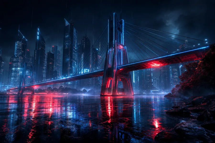 Neon Bridge Over Futuristic River Cyberpunk Wallpaper  11 4K