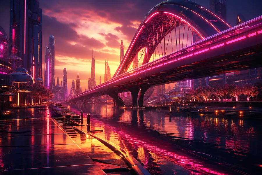 Neon Bridge Over Futuristic River Cyberpunk Wallpaper  11 4K