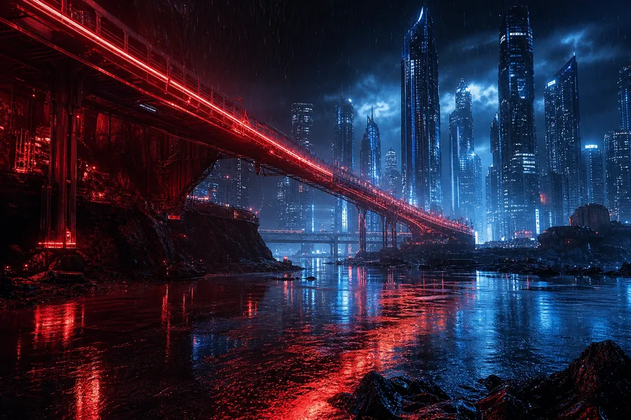 Neon Bridge Over Futuristic River Cyberpunk Wallpaper  11 4K