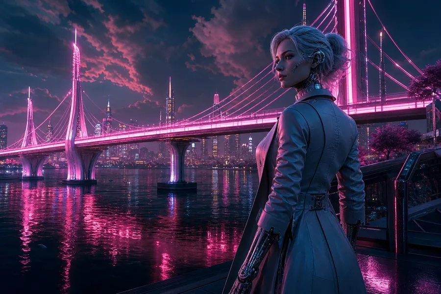 Neon Bridge Over Futuristic River Female-Androids Wallpaper  11 4K