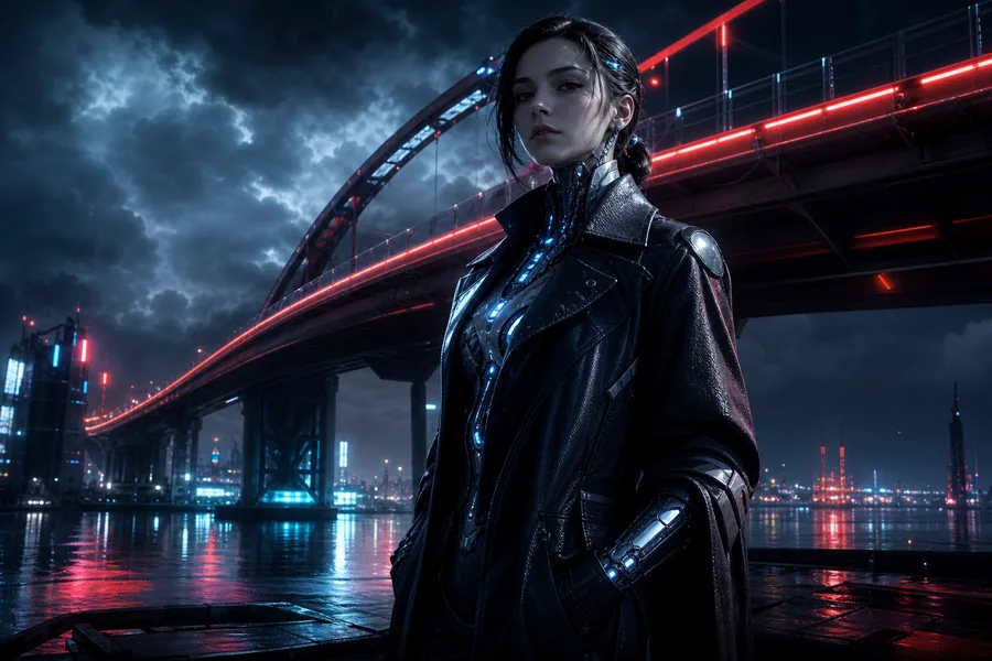 Neon Bridge Over Futuristic River Female-Androids Wallpaper  11 4K