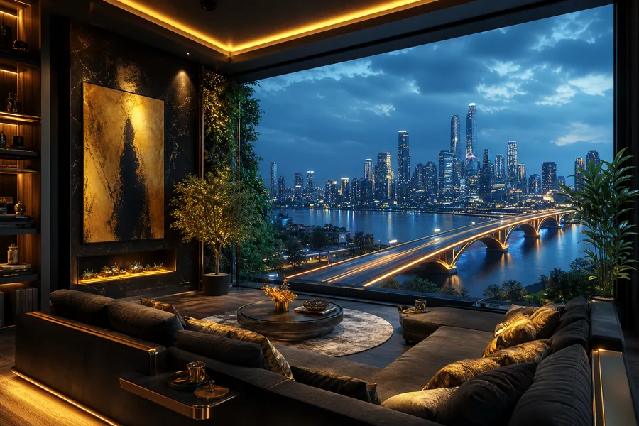 Neon Bridge Over Futuristic River Living-Room-Design Wallpaper  11 4K