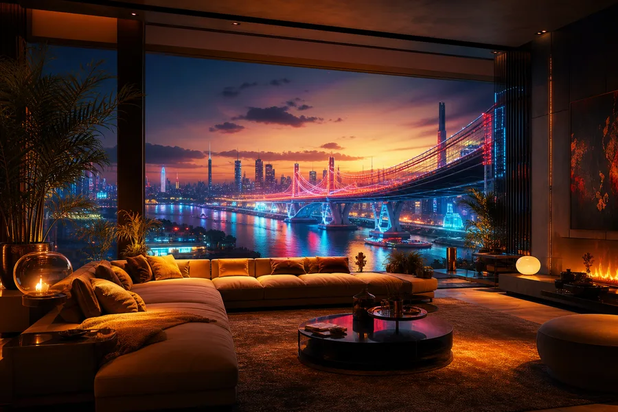 Neon Bridge Over Futuristic River Living-Room-Design Wallpaper  27 4K