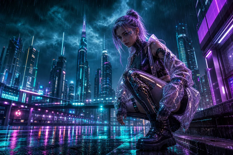Neon Cyberpunk City In Rain Ai-Girls Wallpaper  1 4K