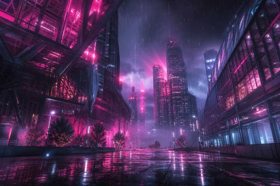 Neon Cyberpunk City In Rain Architecture Wallpaper  1 4K