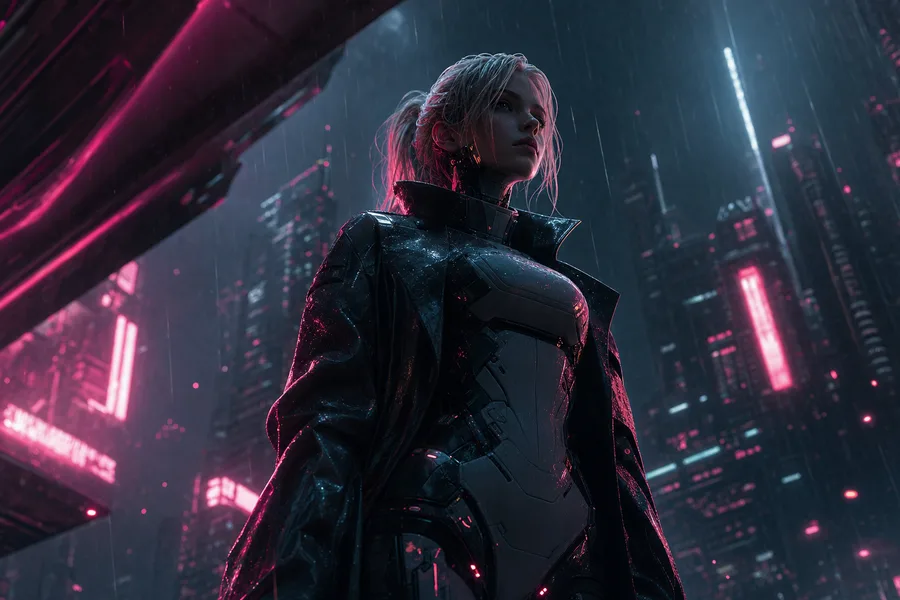 Neon Cyberpunk City In Rain Female-Androids Wallpaper  1 4K