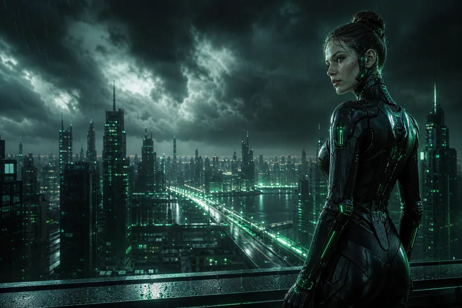 Neon Cyberpunk City In Rain Female-Androids Wallpaper  1 4K