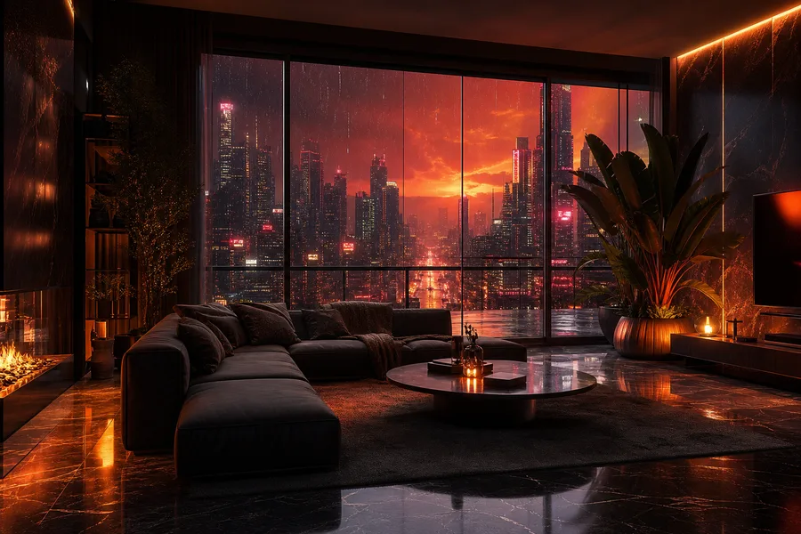 Neon Cyberpunk City In Rain Living-Room-Design Wallpaper  1 4K
