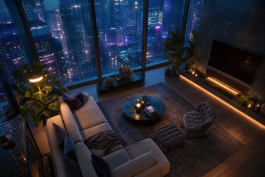 Neon Cyberpunk City In Rain Living-Room-Design Wallpaper  17 4K