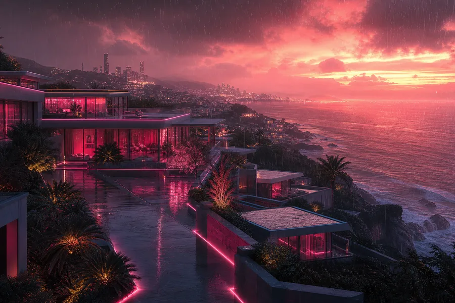 Neon Cyberpunk City In Rain Luxury-Villas Wallpaper  1 4K