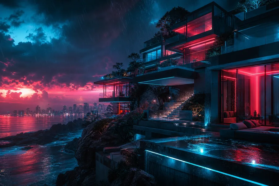 Neon Cyberpunk City In Rain Luxury-Villas Wallpaper  1 4K