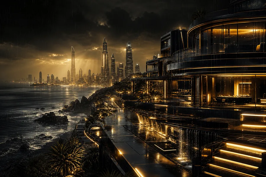 Neon Cyberpunk City In Rain Luxury-Villas Wallpaper  1 4K