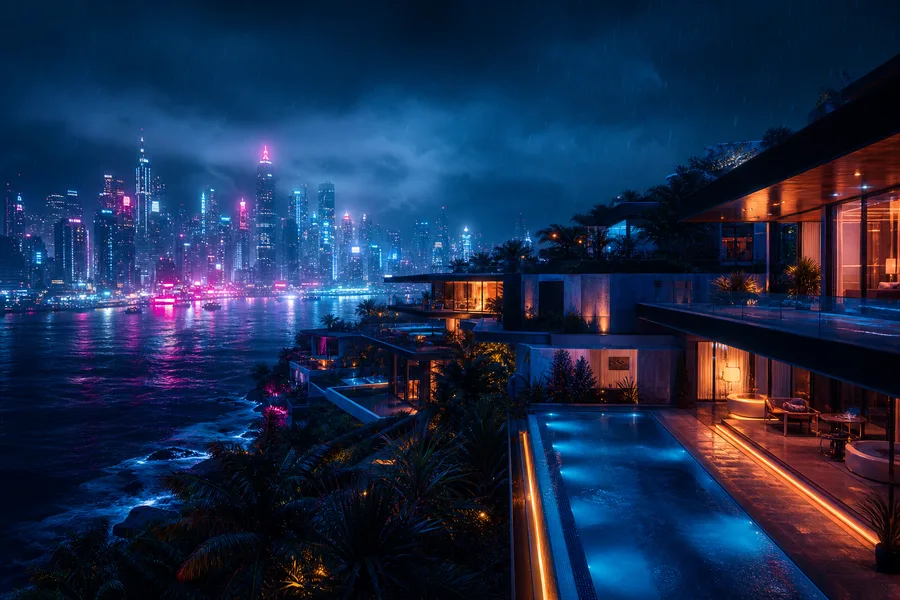 Neon Cyberpunk City In Rain Luxury-Villas Wallpaper  1 4K