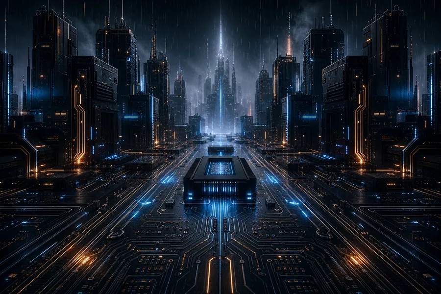 Neon Cyberpunk City In Rain Pcb-Design Wallpaper  1 4K