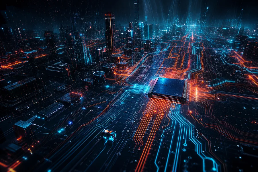 Neon Cyberpunk City In Rain Pcb-Design Wallpaper  1 4K