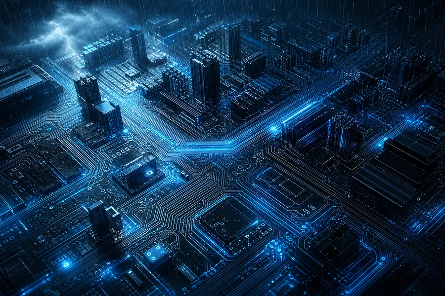 Neon Cyberpunk City In Rain Pcb-Design Wallpaper  1 4K