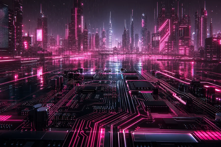 Neon Cyberpunk City In Rain Pcb-Design Wallpaper  1 4K