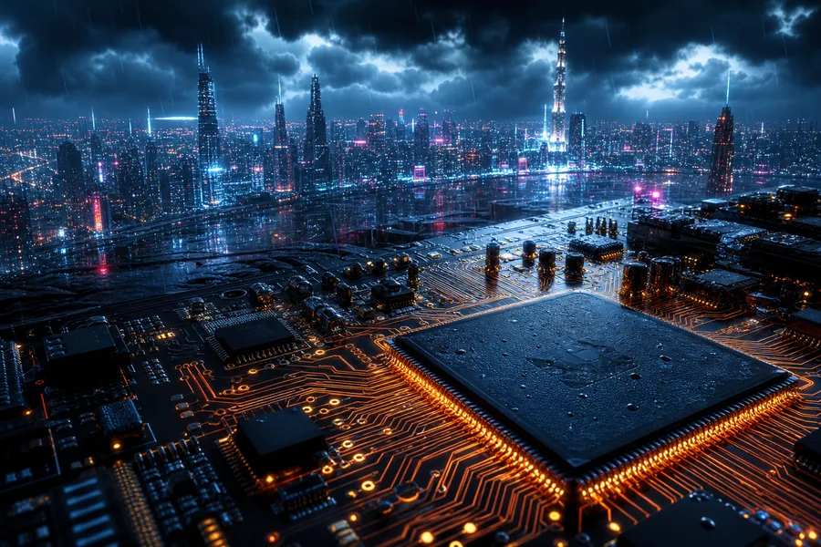 Neon Cyberpunk City In Rain Pcb-Design Wallpaper  1 4K