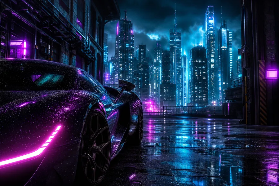 Neon Cyberpunk City In Rain Supercars Wallpaper  1 4K
