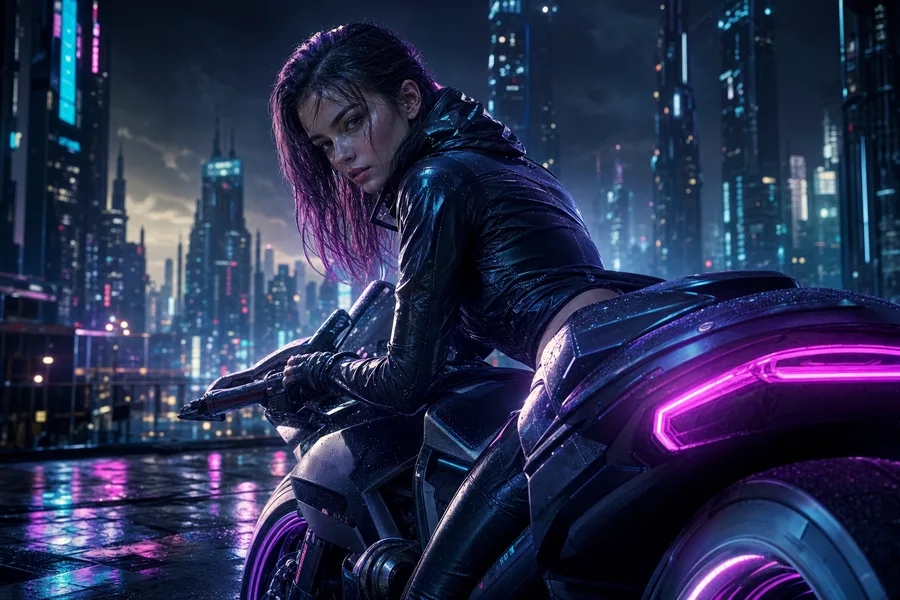 Neon Motorcycle In Cyberpunk City Ai-Girls Wallpaper  7 4K