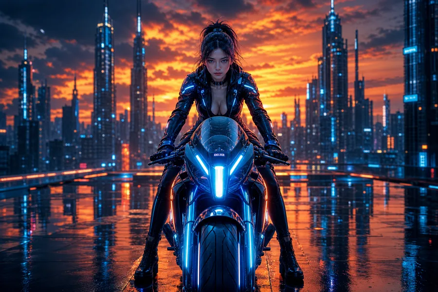 Neon Motorcycle In Cyberpunk City Ai-Girls Wallpaper  7 4K