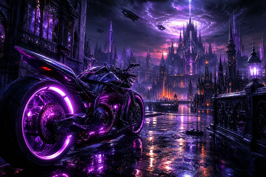 Neon Motorcycle In Cyberpunk City Fantasy Wallpaper  7 4K