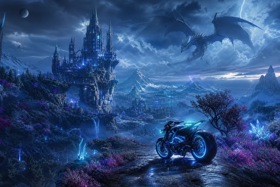 Neon Motorcycle In Cyberpunk City Fantasy Wallpaper  7 4K