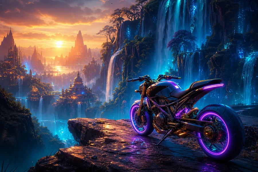 Neon Motorcycle In Cyberpunk City Fantasy Wallpaper  7 4K