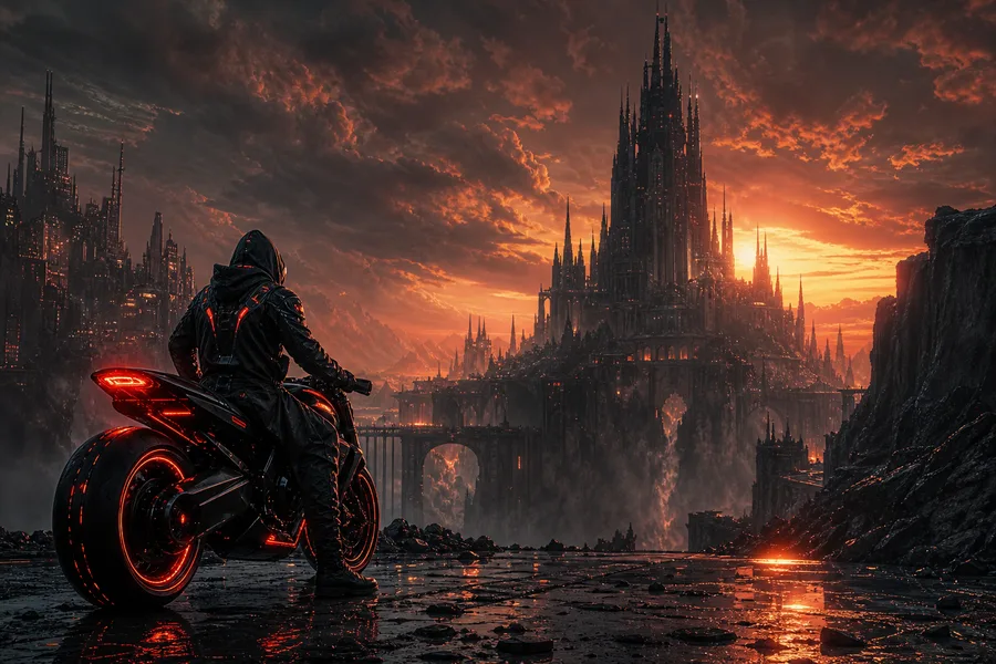 Neon Motorcycle In Cyberpunk City Fantasy Wallpaper  7 4K