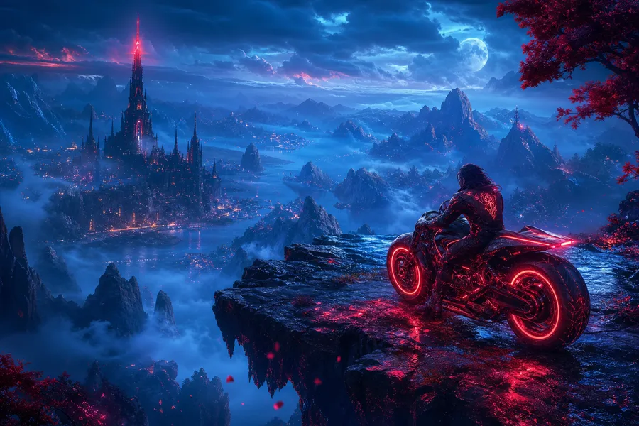 Neon Motorcycle In Cyberpunk City Fantasy Wallpaper  7 4K