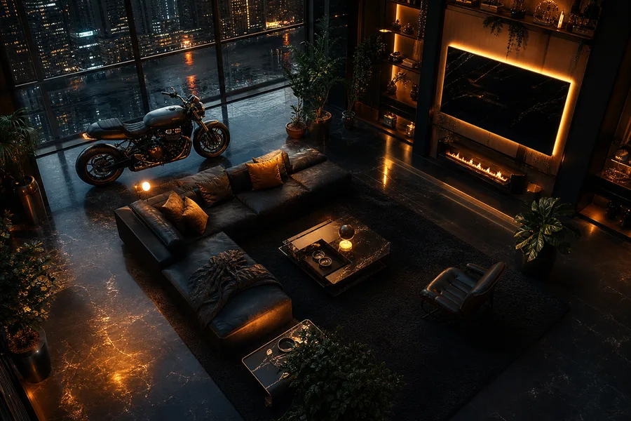 Neon Motorcycle In Cyberpunk City Living-Room-Design Wallpaper  7 4K