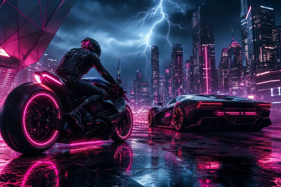 Neon Motorcycle In Cyberpunk City Supercars Wallpaper  7 4K