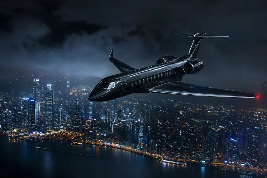 Private Jet Flying Above Night City Skyline Airplanes Wallpaper  4 4K