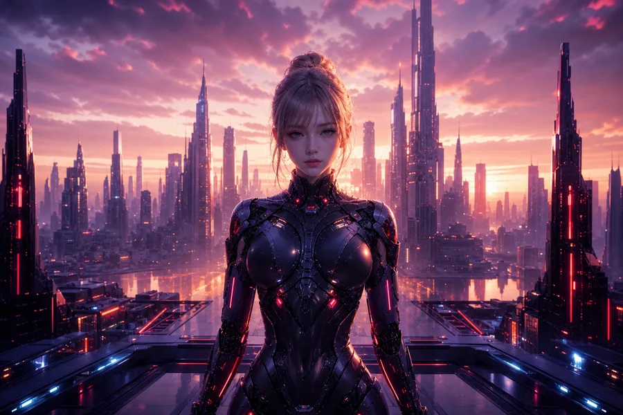 Purple Futuristic Megacity Skyline Ai-Girls Wallpaper  6 4K