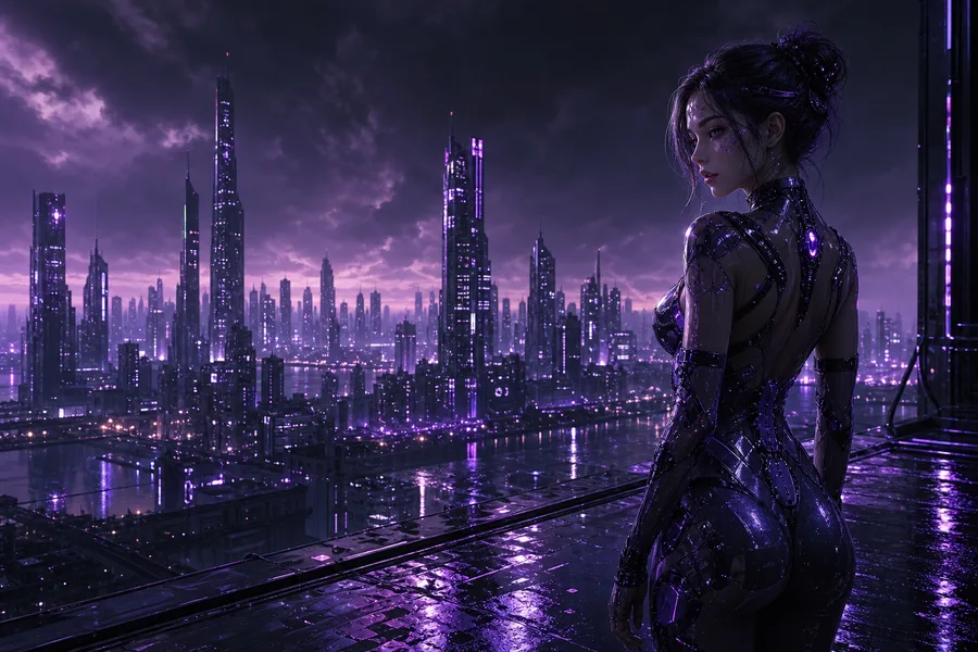Purple Futuristic Megacity Skyline Ai-Girls Wallpaper  6 4K