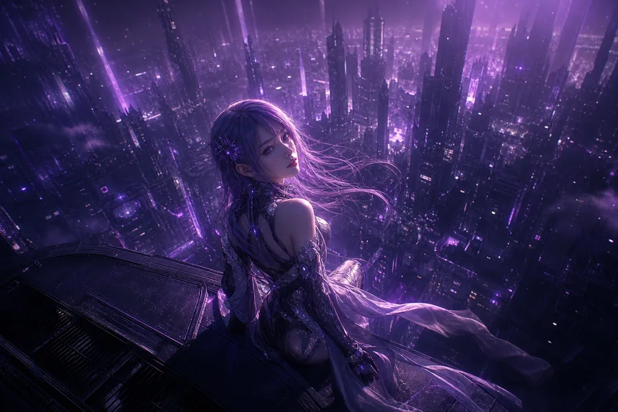 Purple Futuristic Megacity Skyline Ai-Girls Wallpaper  6 4K