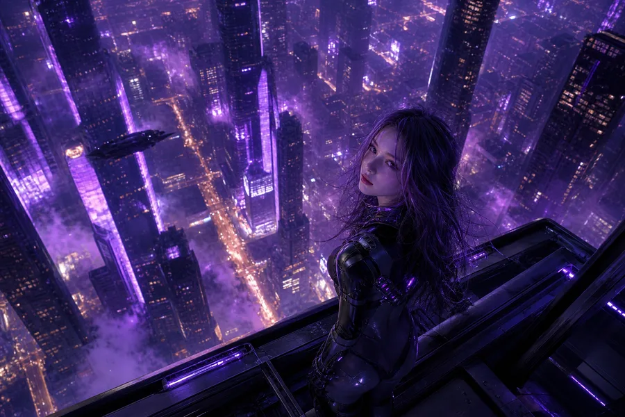 Purple Futuristic Megacity Skyline Ai-Girls Wallpaper  6 4K