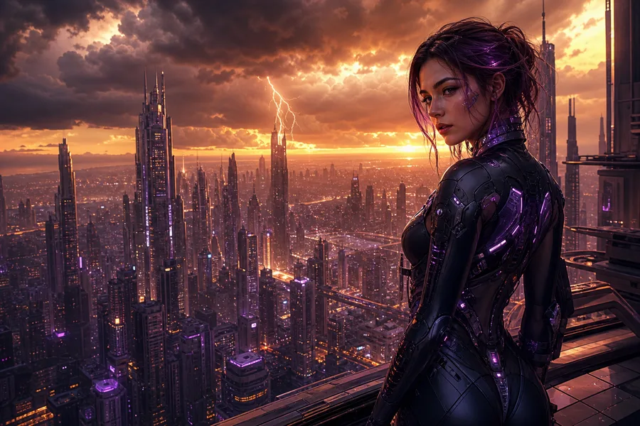 Purple Futuristic Megacity Skyline Ai-Girls Wallpaper  6 4K