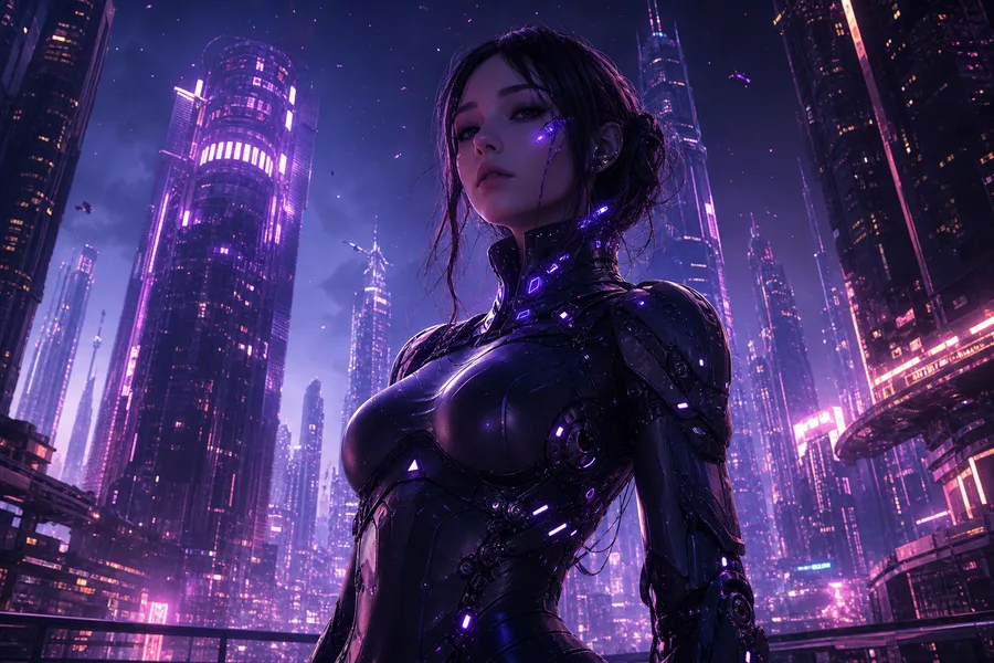 Purple Futuristic Megacity Skyline Ai-Girls Wallpaper  6 4K